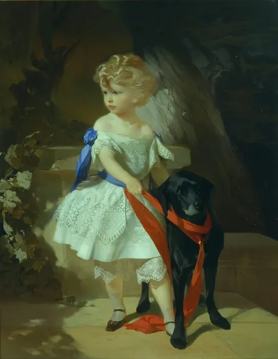 Framed Print : Girl with Dog, 1860s. Artist: Makarov, Ivan Kosmich (1822-1897) Framed Print : Girl with Dog, 1860s. Artist: Makarov, Ivan Kosmich (1822-1897)
