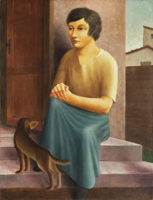 Framed Print : Girl with dog, 1924. Creator: Schrimpf, Georg (1889-1939) Framed Print : Girl with dog, 1924. Creator: Schrimpf, Georg (1889-1939)