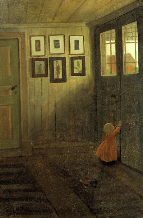 Framed Print : The Girl at the Door. Interior of the Artist's home Framed Print : The Girl at the Door. Interior of the Artist's home