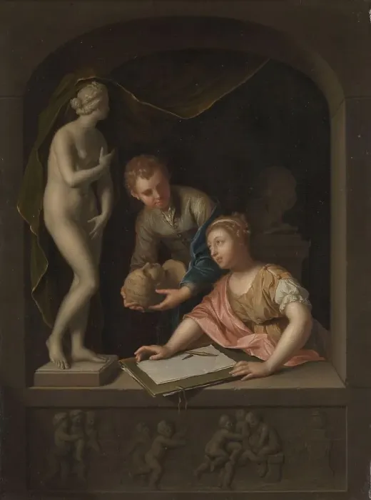 Framed Print : A Girl Drawing and a Boy near a Statue of Venus, 1715. Creator: Pieter van der Werff Framed Print : A Girl Drawing and a Boy near a Statue of Venus, 1715. Creator: Pieter van der Werff