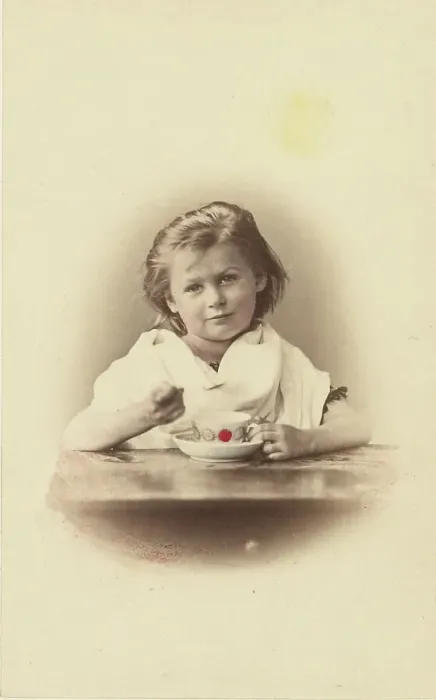 Framed Print : Girl drinking tea, about 1875-1890. Creator: Unknown Framed Print : Girl drinking tea, about 1875-1890. Creator: Unknown