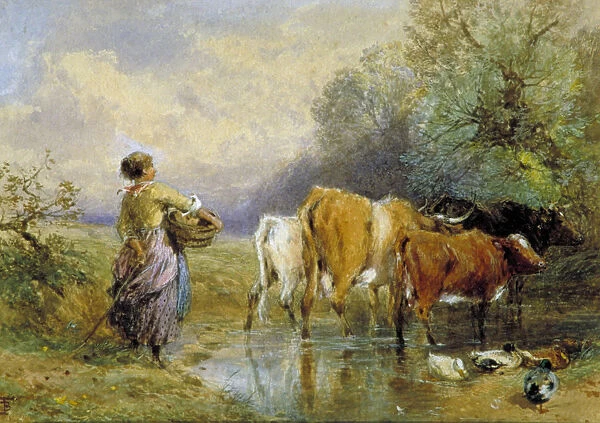 A Girl driving Cattle across a Stream, 19th century. Artist: Myles Birket Foster