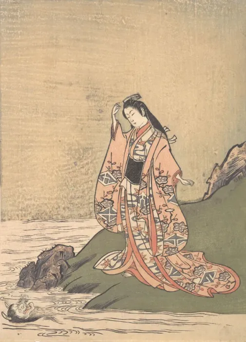 Framed Print : A Girl on the Edge of a Stream Sees a Demons Head in the Water, mid-late 18th century Framed Print : A Girl on the Edge of a Stream Sees a Demons Head in the Water, mid-late 18th century