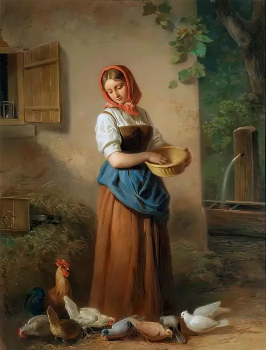 Framed Print : A girl feeding chickens and pigeons, around 1850 / 1855. Creator: Georg Decker Framed Print : A girl feeding chickens and pigeons, around 1850 / 1855. Creator: Georg Decker