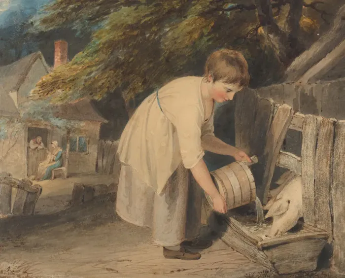 Framed Print : Girl Feeding Pigs, 1800. Creator: Richard Westall Framed Print : Girl Feeding Pigs, 1800. Creator: Richard Westall