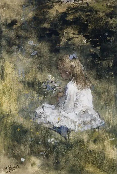 Framed Print : A Girl with Flowers on the Grass, 1878. Creator: Jacob Henricus Maris Framed Print : A Girl with Flowers on the Grass, 1878. Creator: Jacob Henricus Maris