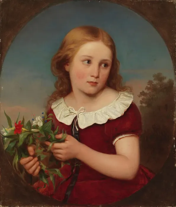 Framed Print : Girl holding flowers, 1857. Creator: Erik Johan Lofgren Framed Print : Girl holding flowers, 1857. Creator: Erik Johan Lofgren