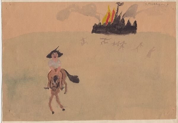 Girl on horse fleeing flaming fort, c1941. Creator: Shirley Markham