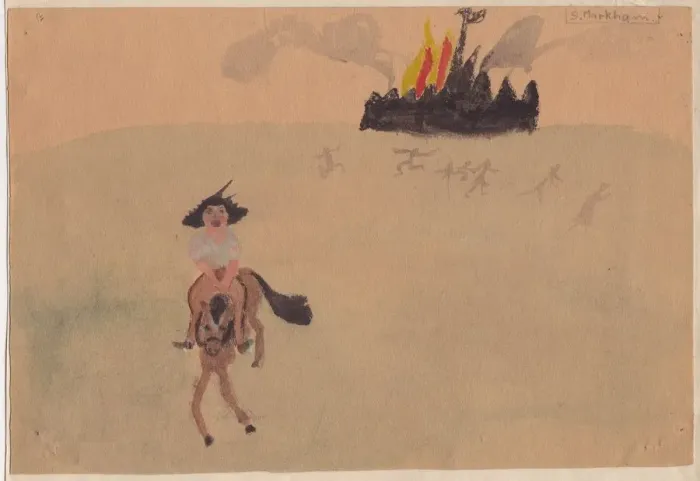 Framed Print : Girl on horse fleeing flaming fort, c1941. Creator: Shirley Markham Framed Print : Girl on horse fleeing flaming fort, c1941. Creator: Shirley Markham