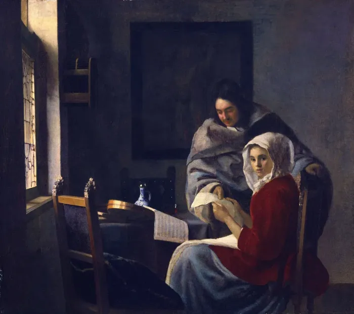 Framed Print : Girl interrupted at her music, c. 1660. Artist: Vermeer, Jan (Johannes) (1632-1675) Framed Print : Girl interrupted at her music, c. 1660. Artist: Vermeer, Jan (Johannes) (1632-1675)