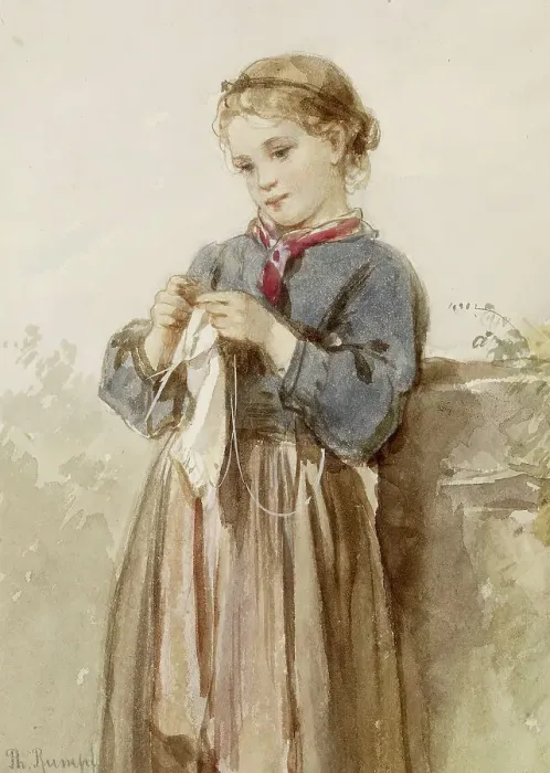 Framed Print : Girl Knitting, c1860. Creator: Philipp Rumpf Framed Print : Girl Knitting, c1860. Creator: Philipp Rumpf