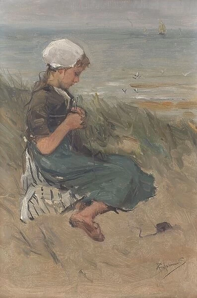 Girl Knitting in the Dunes, c.1870-c.1900. Creator: Bernardus Johannes Blommers