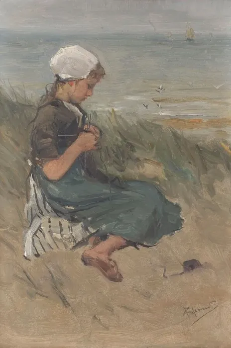 Framed Print : Girl Knitting in the Dunes, c.1870-c.1900. Creator: Bernardus Johannes Blommers Framed Print : Girl Knitting in the Dunes, c.1870-c.1900. Creator: Bernardus Johannes Blommers