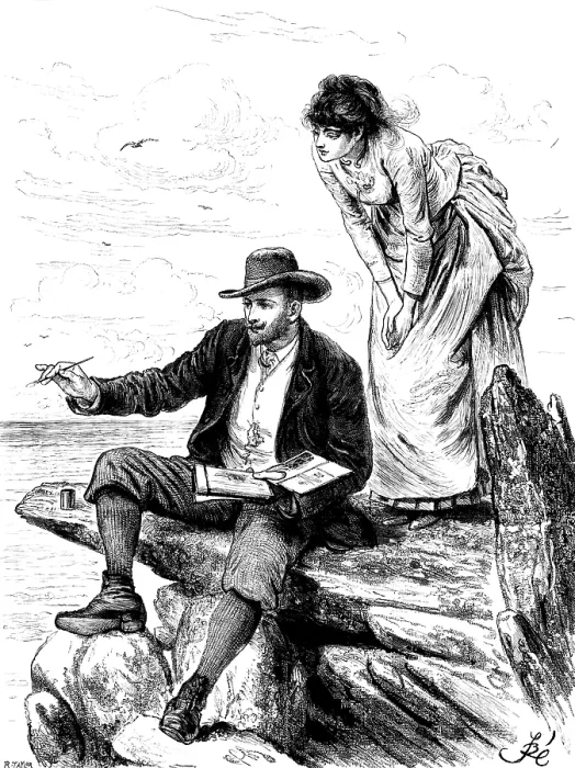 Framed Print : The girl looking over his shoulder, watching curiously...the growth of a picture, 1890. Creator: R. Taylor Framed Print : The girl looking over his shoulder, watching curiously...the growth of a picture, 1890. Creator: R. Taylor