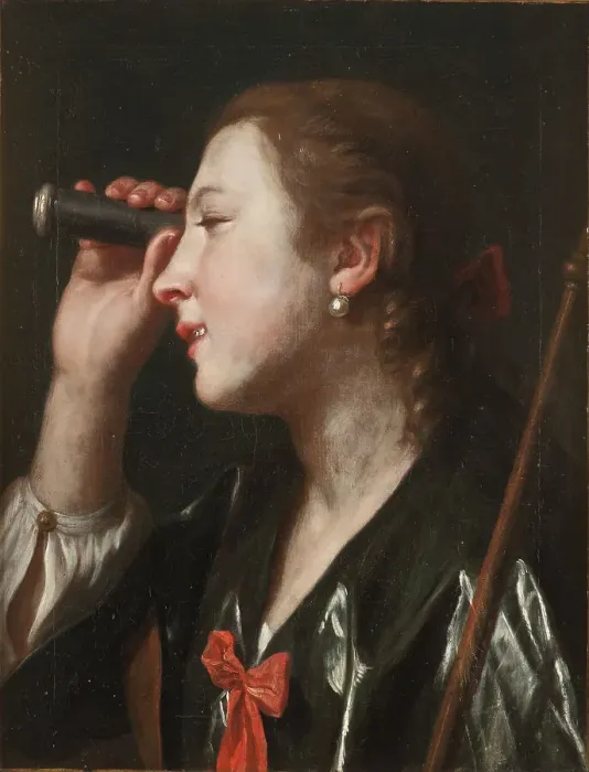 Framed Print : Girl Looking through a Telescope, mid-18th century. Creator: Pietro Rotari Framed Print : Girl Looking through a Telescope, mid-18th century. Creator: Pietro Rotari