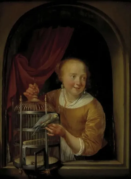 Framed Print : Girl with a Parrot, 1655-1691. Creator: Pieter Cornelisz. van Slingeland Framed Print : Girl with a Parrot, 1655-1691. Creator: Pieter Cornelisz. van Slingeland