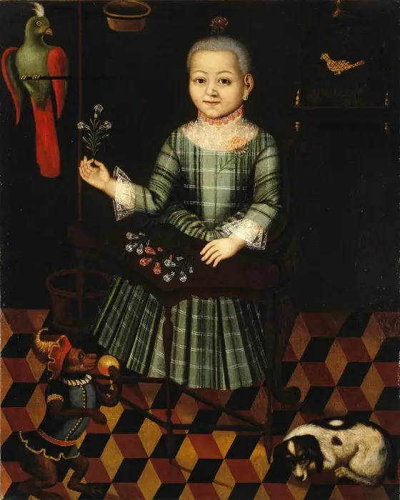 Framed Print : Girl with parrot, Mid of the 18th century. Artist: Anonymous Framed Print : Girl with parrot, Mid of the 18th century. Artist: Anonymous