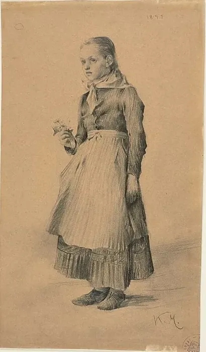 Framed Print : Girl in Peasant Dress (recto); Sheet of Sketches: Women and Girls (verso), 1891. Creator: Karel Vitezslav Masek Framed Print : Girl in Peasant Dress (recto); Sheet of Sketches: Women and Girls (verso), 1891. Creator: Karel Vitezslav Masek