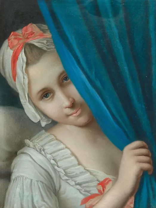 Framed Print : Girl peeking out from behind a curtain. Creator: Rotari, Pietro Antonio (1707-1762) Framed Print : Girl peeking out from behind a curtain. Creator: Rotari, Pietro Antonio (1707-1762)