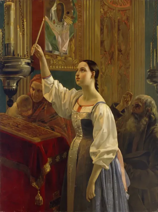 Framed Print : A girl placed a candle before the icon, 1842. Artist: Mikhaylov, Grigori Karpovich (1814-1867)