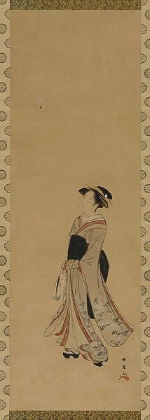 A girl playing battledore and shuttlecock, Edo period, 18th century. Creator: Shunsho