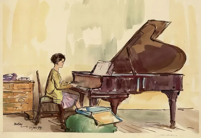 Framed Print : Girl Playing a Piano. Creator: Urushibara Mokuchu Framed Print : Girl Playing a Piano. Creator: Urushibara Mokuchu