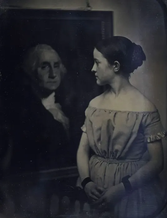 Framed Print : Girl with Portrait of George Washington, ca. 1850. Creators: Josiah Johnson Hawes Framed Print : Girl with Portrait of George Washington, ca. 1850. Creators: Josiah Johnson Hawes