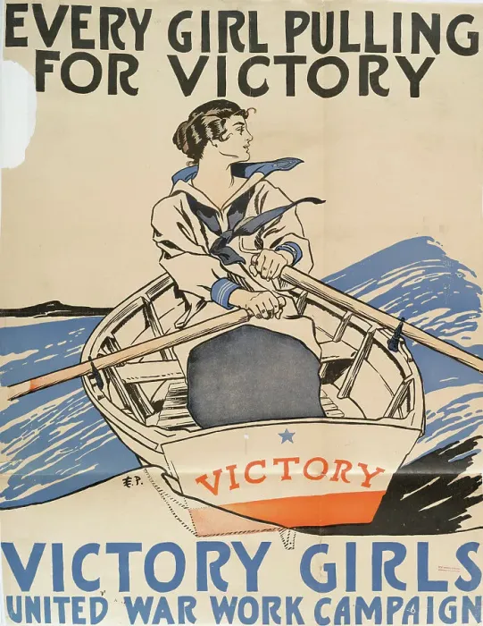 Framed Print : Every Girl Pulling for Victory, Victory Girls United War Work Campaign, c1918. Creator: Edward Penfield Framed Print : Every Girl Pulling for Victory, Victory Girls United War Work Campaign, c1918. Creator: Edward Penfield