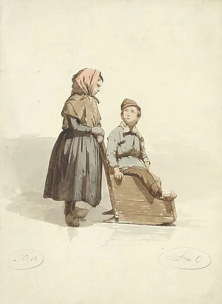 Girl pushes a boy into a sled, 1836-1915. Creator: Johannes Eugel Masurel