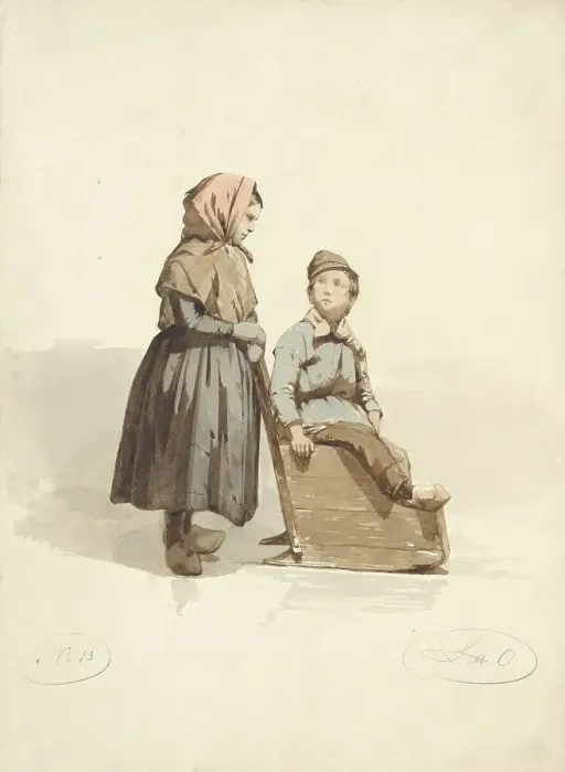 Framed Print : Girl pushes a boy into a sled, 1836-1915. Creator: Johannes Eugel Masurel Framed Print : Girl pushes a boy into a sled, 1836-1915. Creator: Johannes Eugel Masurel