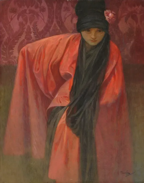 Framed Print : Girl in Red, c. 1914. Artist: Mucha, Alfons Marie (1860-1939) Framed Print : Girl in Red, c. 1914. Artist: Mucha, Alfons Marie (1860-1939)