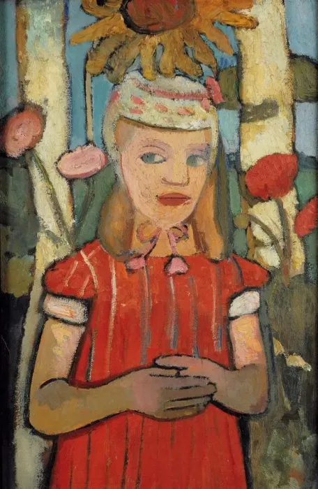 Framed Print : Girl in red dress in front of sunflower, 1907. Creator: Modersohn-Becker, Paula (1876-1907) Framed Print : Girl in red dress in front of sunflower, 1907. Creator: Modersohn-Becker, Paula (1876-1907)