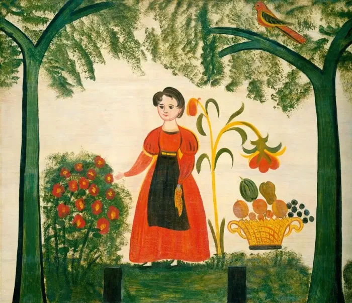 Framed Print : Girl in Red with Flowers and a Distelfink, c. 1830. Creator: Unknown Framed Print : Girl in Red with Flowers and a Distelfink, c. 1830. Creator: Unknown