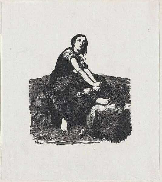 Girl seated on a rock holding a distaff, ca. 1800-1899. Creator: Anon