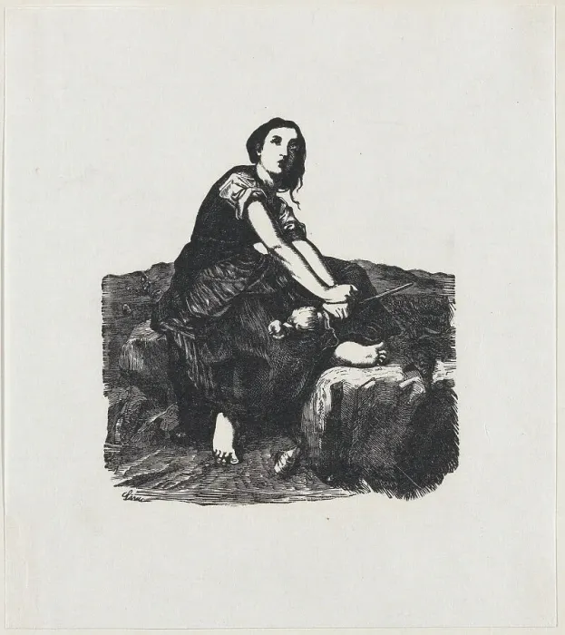 Framed Print : Girl seated on a rock holding a distaff, ca. 1800-1899. Creator: Anon Framed Print : Girl seated on a rock holding a distaff, ca. 1800-1899. Creator: Anon
