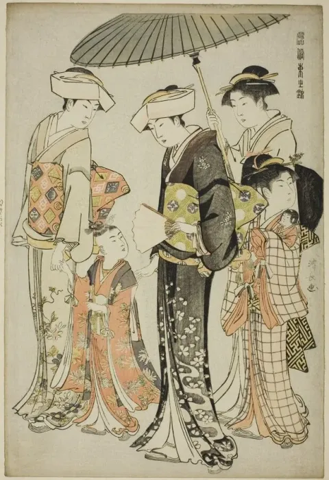 Framed Print : A Girl and Four Servants, from the series A Brocade of Eastern Manners... c Framed Print : A Girl and Four Servants, from the series A Brocade of Eastern Manners... c