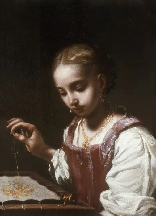 Framed Print : Girl Sewing, 1720. Creator: Antonio Amarosi Framed Print : Girl Sewing, 1720. Creator: Antonio Amarosi