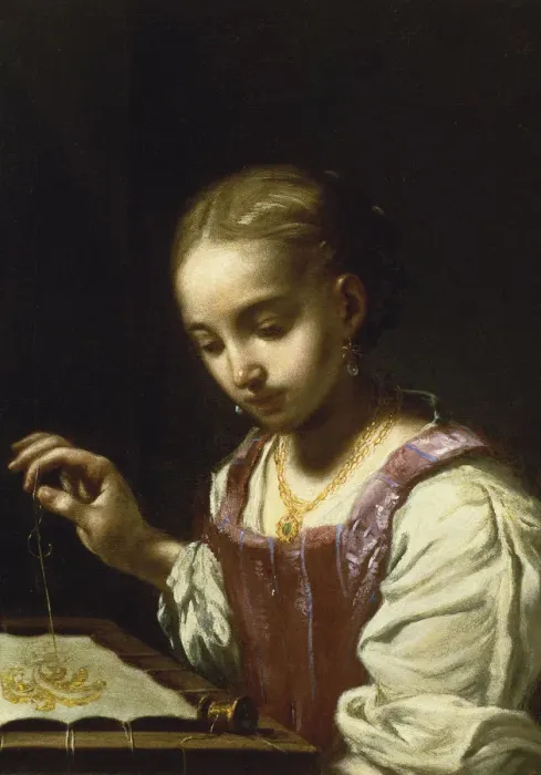 Framed Print : Girl Sewing. Artist: Amorosi, Antonio (1660-1738) Framed Print : Girl Sewing. Artist: Amorosi, Antonio (1660-1738)