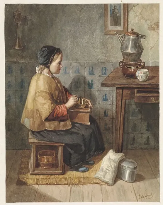 Framed Print : Girl sitting on a stool, 1838-1899. Creator: Joseph de Groot Framed Print : Girl sitting on a stool, 1838-1899. Creator: Joseph de Groot