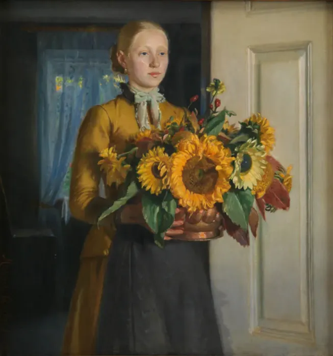 Framed Print : A Girl with Sunflowers;The Girl with the Sunflowers, 1889. Creator: Michael Peter Ancher Framed Print : A Girl with Sunflowers;The Girl with the Sunflowers, 1889. Creator: Michael Peter Ancher