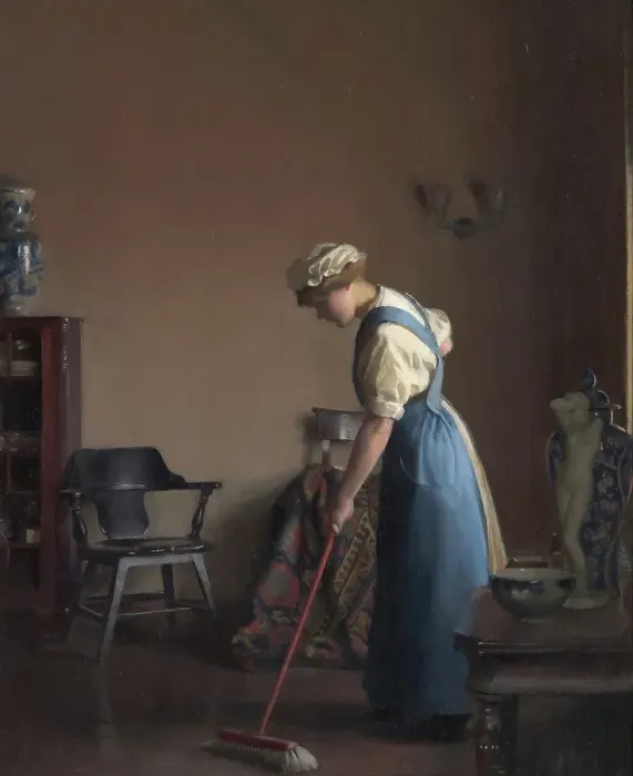 Framed Print : Girl Sweeping, about 1912. Creator: William McGregor Paxton Framed Print : Girl Sweeping, about 1912. Creator: William McGregor Paxton