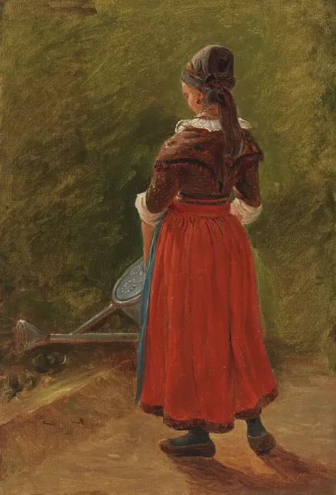 Framed Print : Girl watering flowers, exercise, c1854. Creator: Werner Holmberg Framed Print : Girl watering flowers, exercise, c1854. Creator: Werner Holmberg
