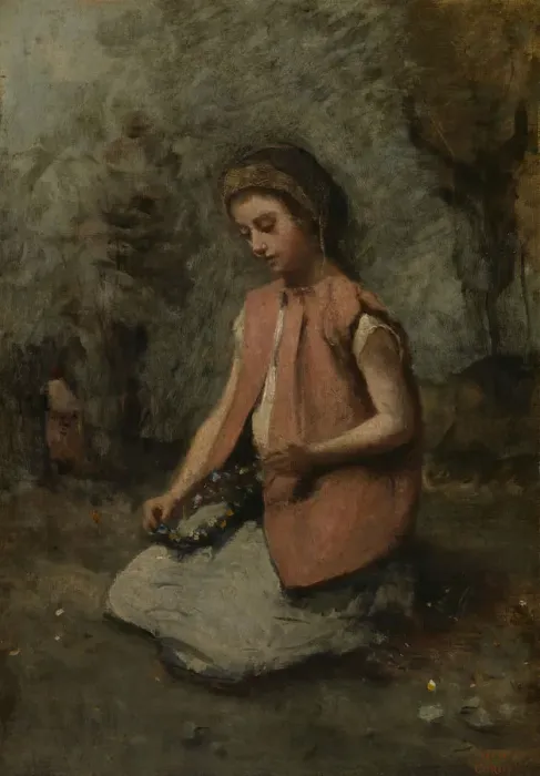 Framed Print : Girl Weaving a Garland, 1860-65. Creator: Jean-Baptiste-Camille Corot Framed Print : Girl Weaving a Garland, 1860-65. Creator: Jean-Baptiste-Camille Corot