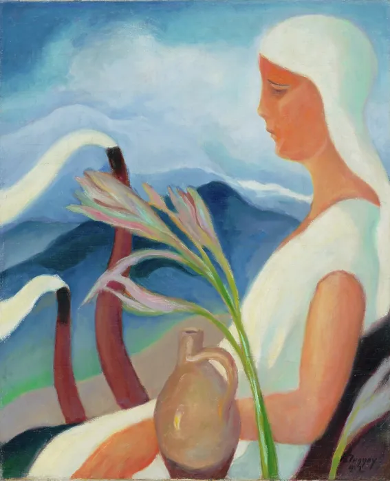 Framed Print : Girl in White with Factory Chimneys and Flowers, 1932. Creator: Zolo Palugyay Framed Print : Girl in White with Factory Chimneys and Flowers, 1932. Creator: Zolo Palugyay