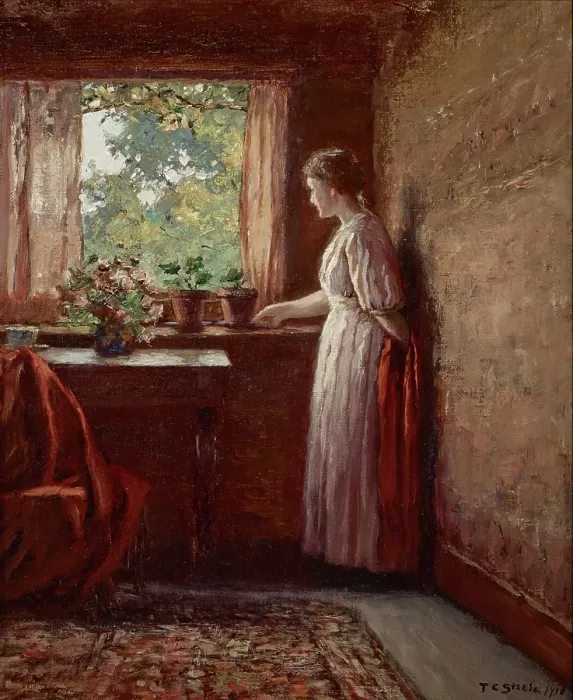 Framed Print : The Girl by the Window, 1910. Creator: Theodore Clement Steele Framed Print : The Girl by the Window, 1910. Creator: Theodore Clement Steele