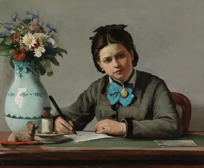 Framed Print : A Girl Writing, 1872. Creator: Adolf von Becker Framed Print : A Girl Writing, 1872. Creator: Adolf von Becker
