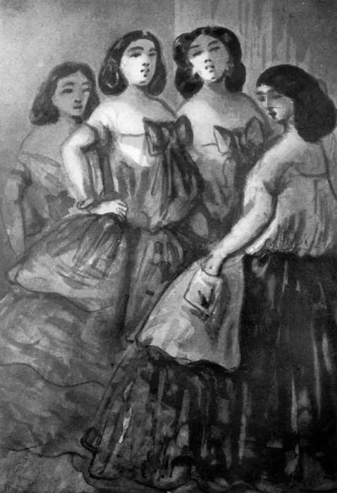 Framed Print : Four Girls, 19th century, (1930). Artist: Constantin Guys Framed Print : Four Girls, 19th century, (1930). Artist: Constantin Guys