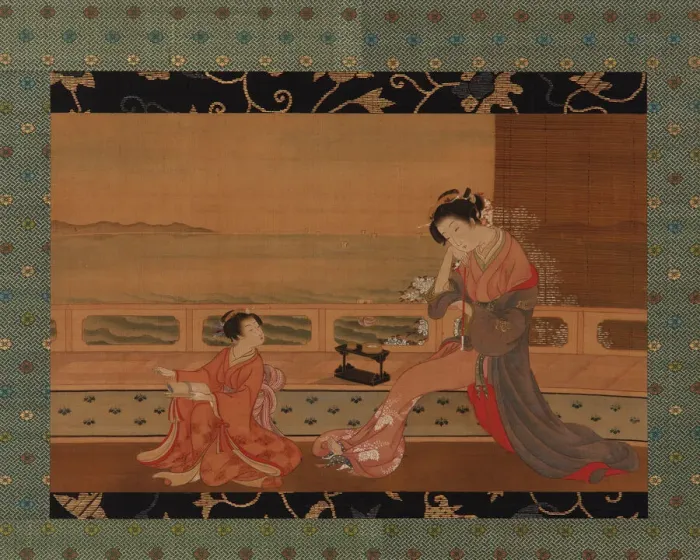 Framed Print : Two girls on a balcony overlooking the sea, Edo period, 1739-1820 Framed Print : Two girls on a balcony overlooking the sea, Edo period, 1739-1820