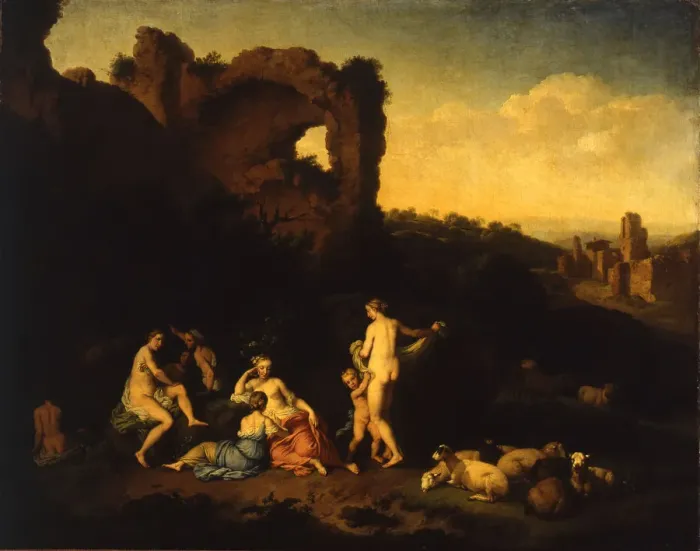 Framed Print : Girls bathing near the ruins, 1754 Framed Print : Girls bathing near the ruins, 1754