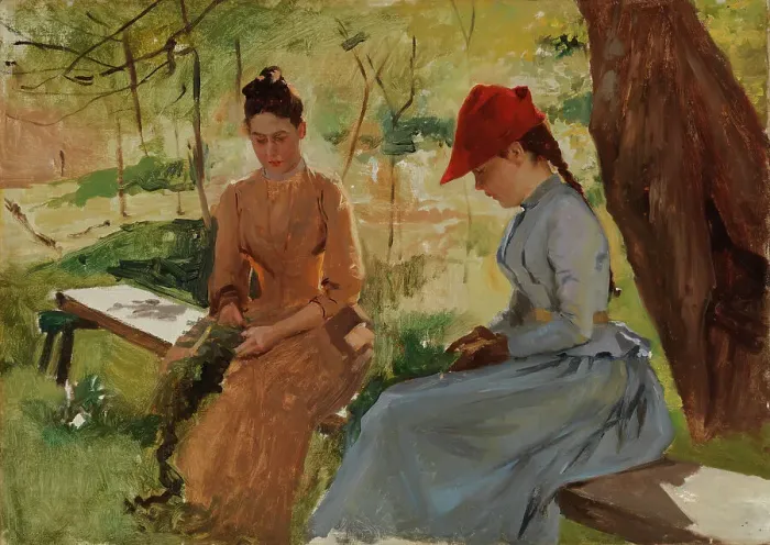 Framed Print : Girls Binding Garlands (The Artist's Sisters Annie and Berta Binding Garlands), study, c1886. Creator: Albert Edelfelt Framed Print : Girls Binding Garlands (The Artist's Sisters Annie and Berta Binding Garlands), study, c1886. Creator: Albert Edelfelt
